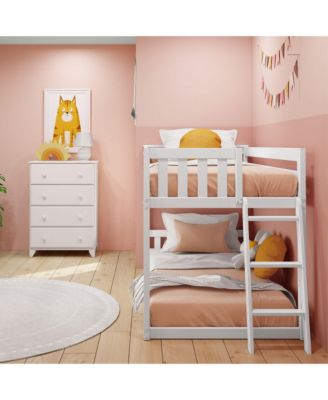 Solid Wood Twin over Twin Low Bunk Bed with Ladder on End For Kids