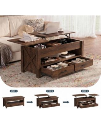 47.2" Lift Top Coffee Table with Storage, Split Lift Design, 2 Drawers and Hidden Compartment, Farmhouse Center Table