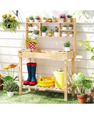 Wooden Potting Bench Table Garden Planting Workstation with 3-Tier Open Shelf