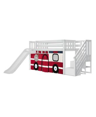 Low Loft With Stairs, Easy Slide and Firetruck Curtain