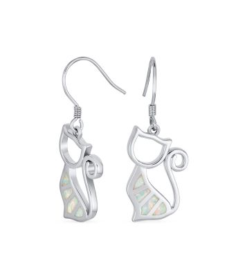 Animal Lover Pet Kitten White Created Opal Cat Dangle Earrings Sterling Silver