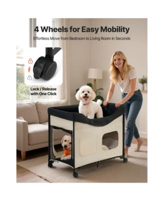 Large Foldable Elevated Pet Lounge Bed with wheels and side storage bags, sturdy raised design, portable and convenient