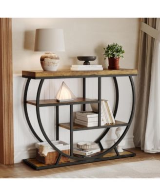 3-Tier Industrial Entryway Table with Semicircular Metal Frame, Open Shelf Console Sofa Table for Living Room