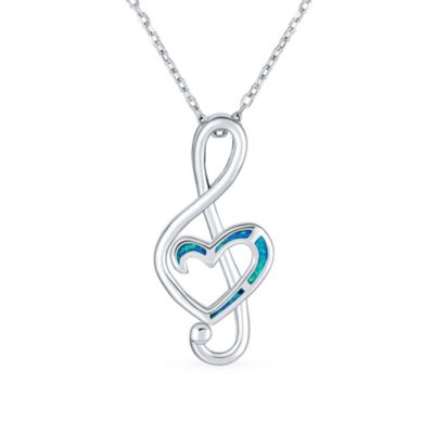 Musical Created Blue Opal Heart Treble Clef Music Note Pendant Necklace