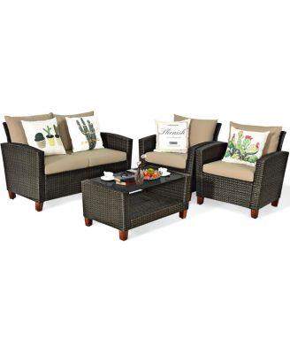 4PCS Patio Rattan Furniture Set Solid Wood Leg Cushioned Sofa Garden Lawn