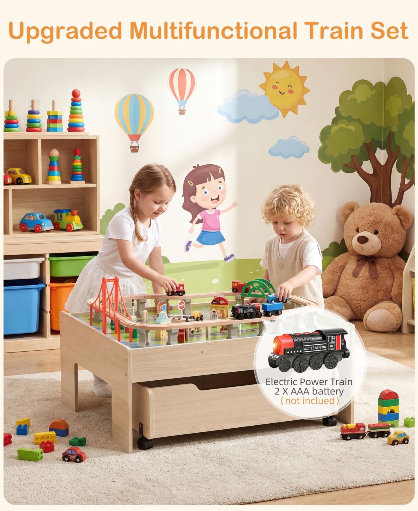 Детские игрушки SUGIFT 100-Piece Multicolor Wooden Kids Activity Table, 3-in-1 Wooden Train Set with Rolling Storage Drawer, Creative Toy Set for Kids Ages 3+, цвет: Натуральный — фото 5