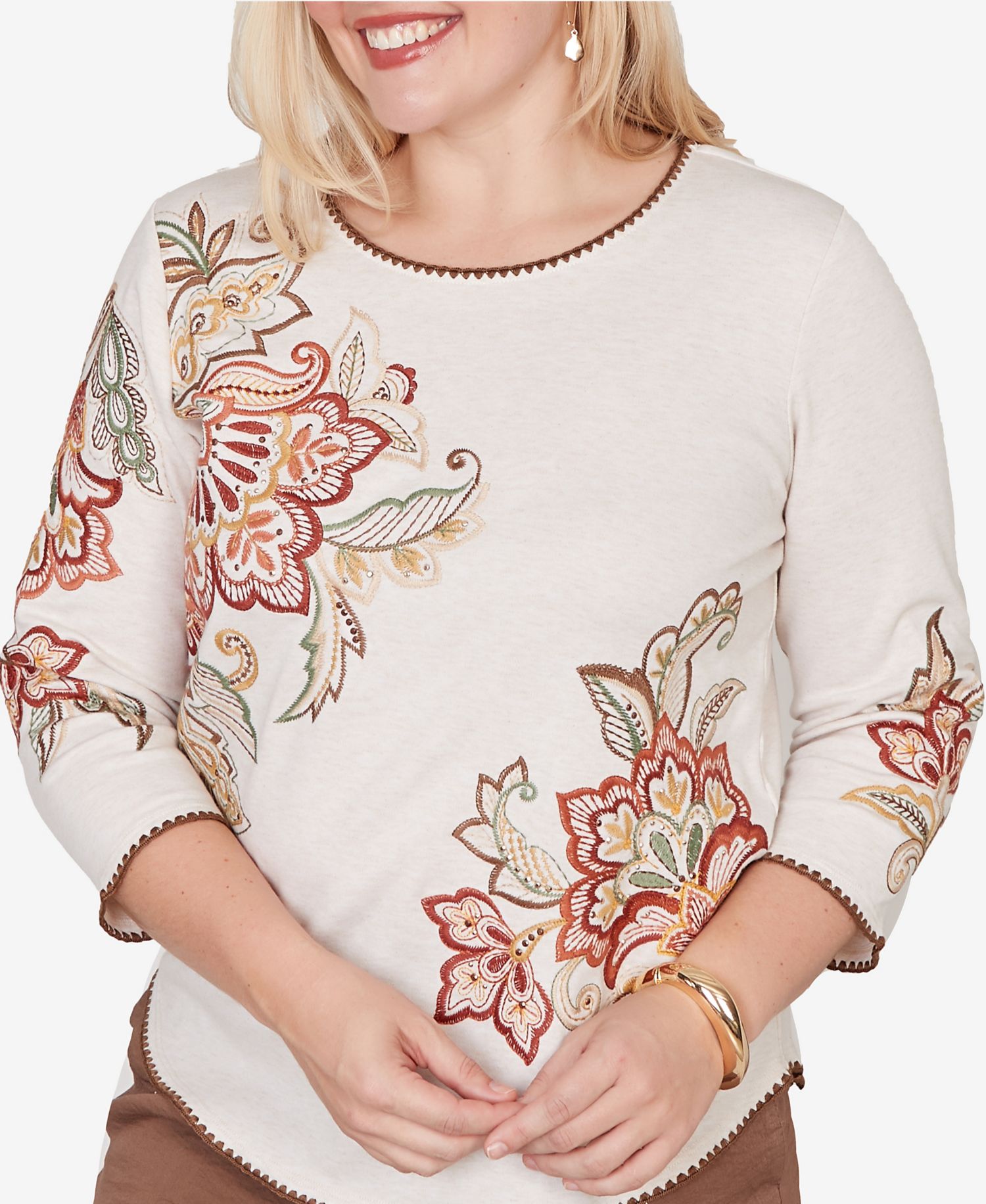 Petite Spice Market Asymmetrical Scroll Floral Round Hem Top