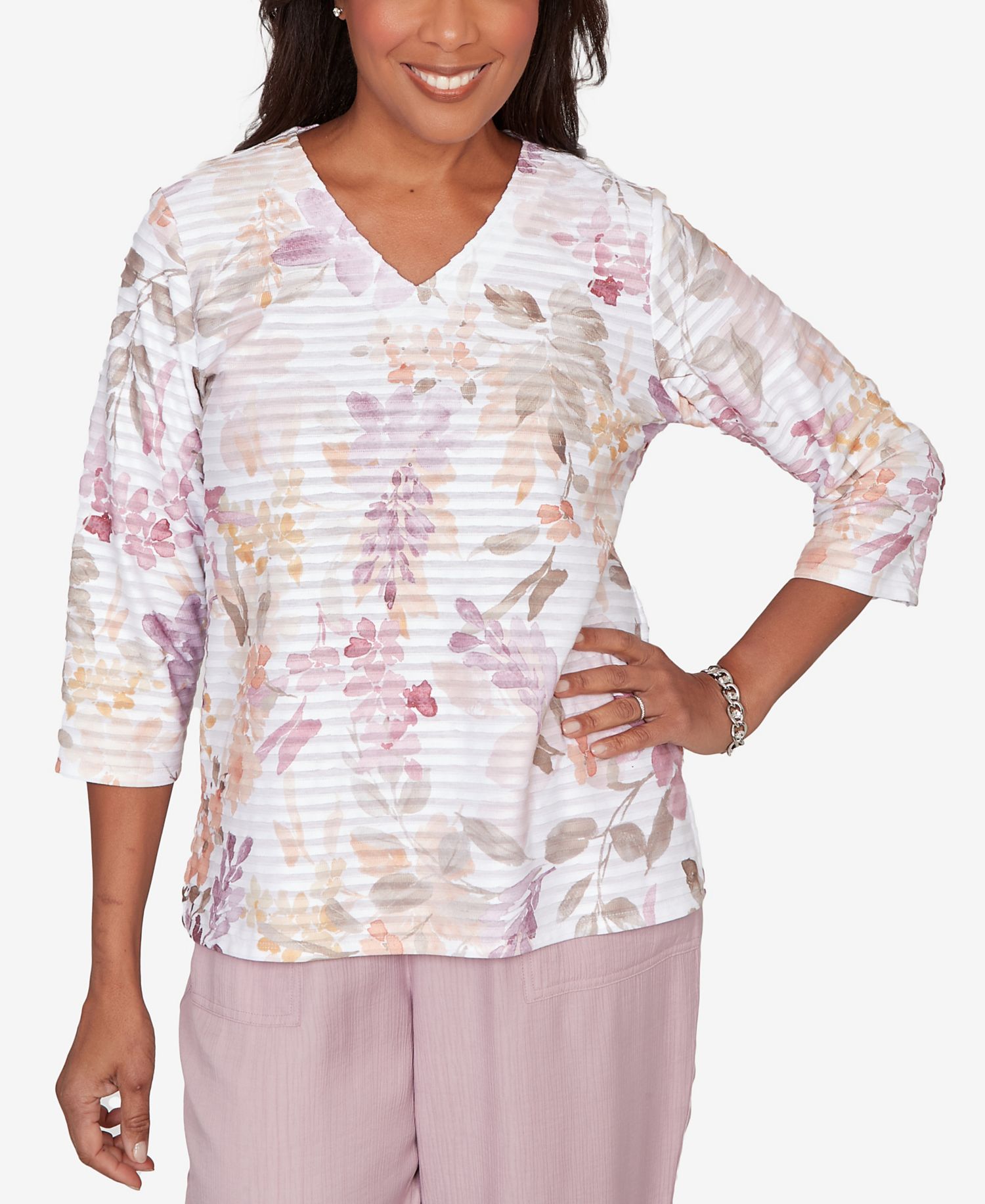 Petite Vintage Charm Watercolor Floral Textured V-Neck Top