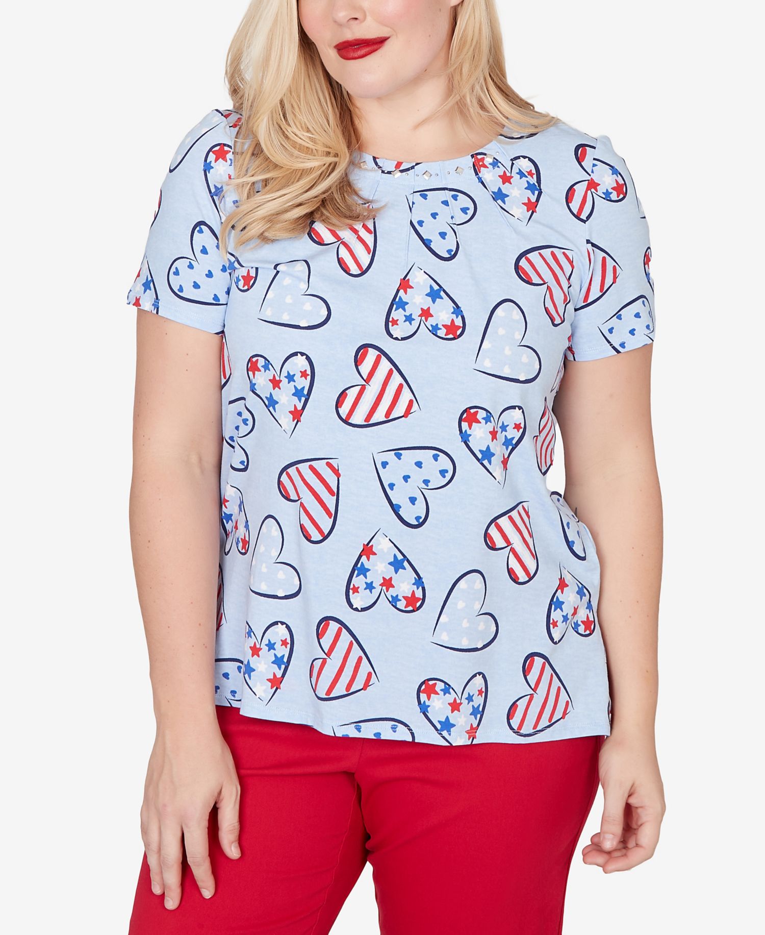 Petite Lady Liberty American Flag Hearts Printed Short-Sleeve T-Shirt