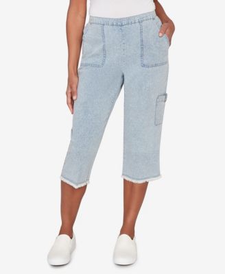 Petite Out of the Blue Fringe Denim Patch Pocket Capri Pants