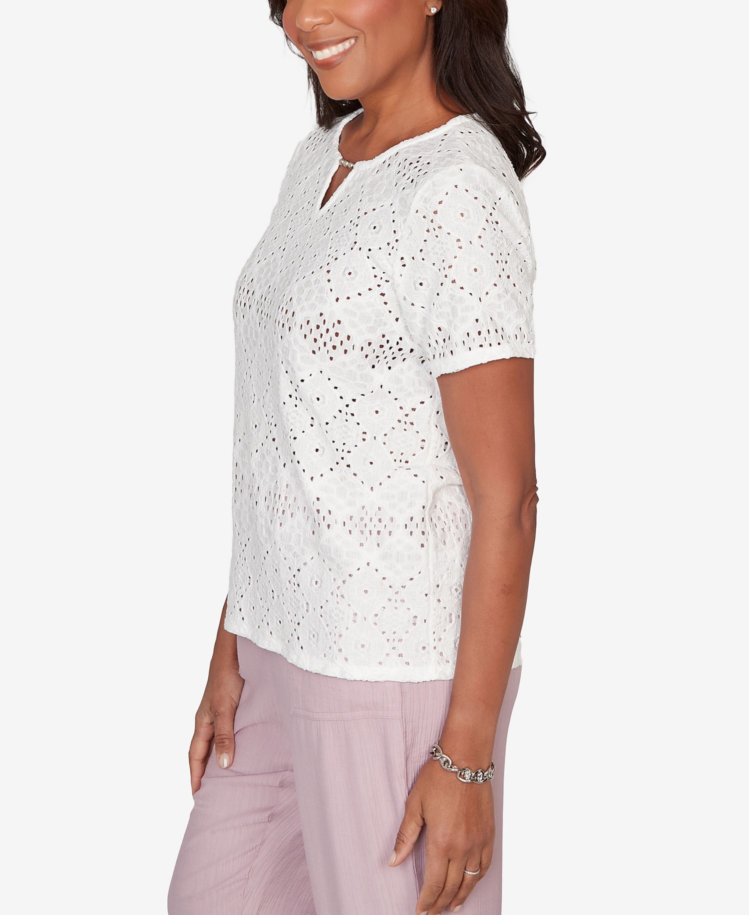Petite Vintage Charm Solid Eyelet Split Beaded Neck T-Shirt