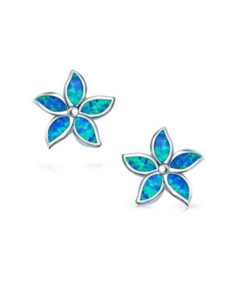 Created Blue Opal Inlay Petals Flower Stud Earrings .925 Sterling Silver