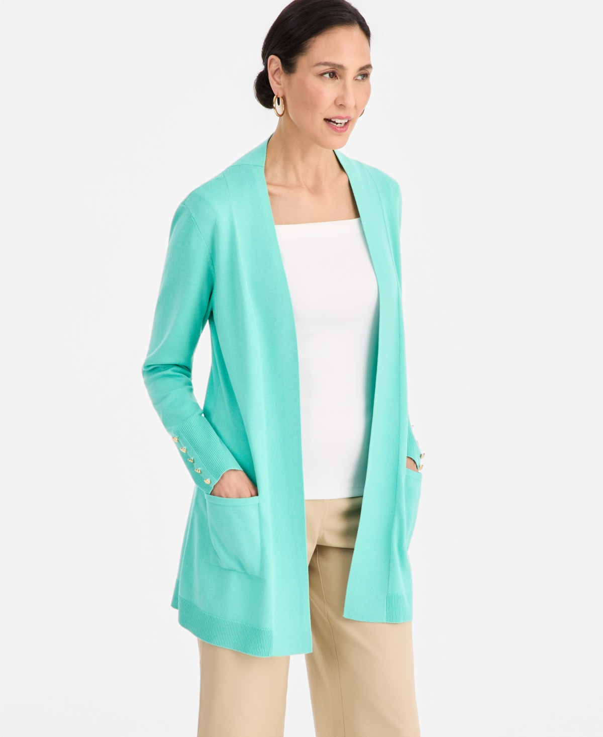 Jm Collection Women's Button-Sleeve Flyaway Cardigan Sweater