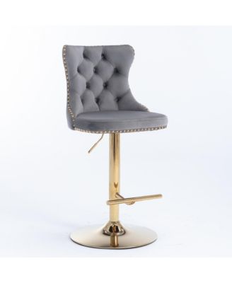 Velvet Swivel Bar Stools Set of 2, Adjustable Counter Height Chairs with Nailhead Trim and Metal Base for Kitchen Island