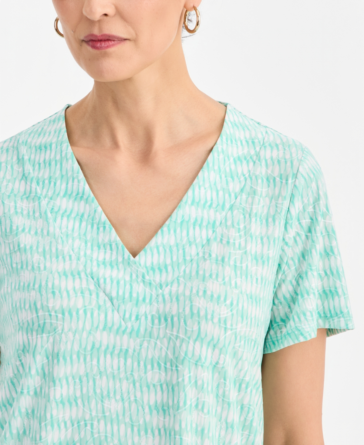Jm Collection Women's Printed Short Sleeve V-Neck Jacquard Top, Macy's Exclusive