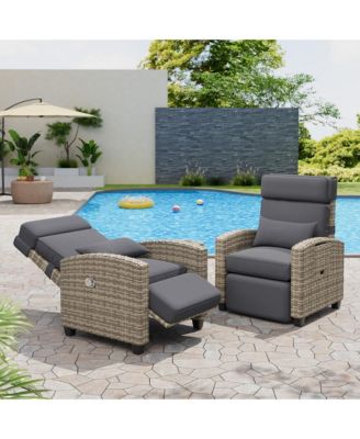 Set of 2 Patio Reclining Chairs Rattan Outdoor Lounge with Flip-Up Table