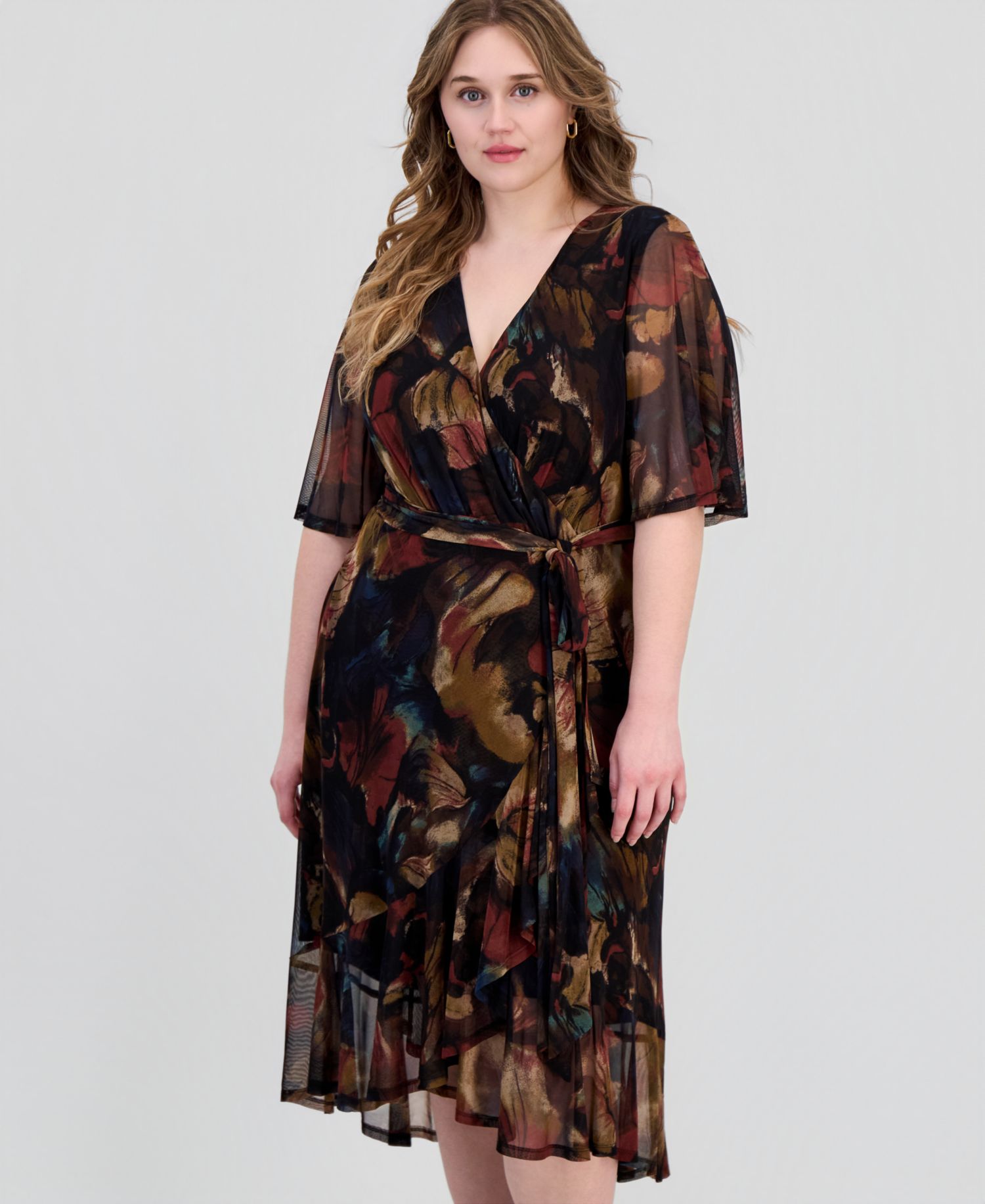 Plus Size Printed Flutter-Sleeve Faux-Wrap Midi Dress