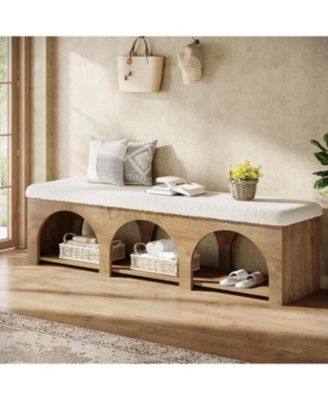 63" Upholstered Entryway Bench, 2-Tier Entry Shoe Bench with Cushion and Storage Shelf, Farmhouse Padded Ottoman