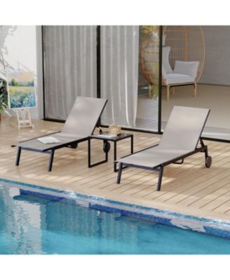 3-Piece Outdoor Lounge Set, Metal Chaise Recliners (2 Chairs) Side Table, 5-Position Adjustable Poolside