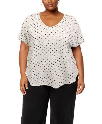 Plus Size Polka Dot Bubble Crinkley Rolled-Sleeve Top