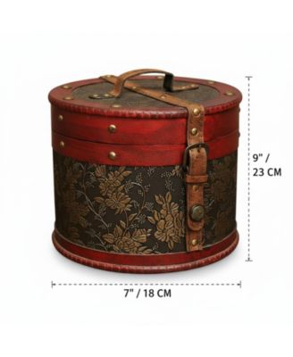 Vintage Cylindrical Wooden Trinket Box Lock Top Handle Round Storage Chest