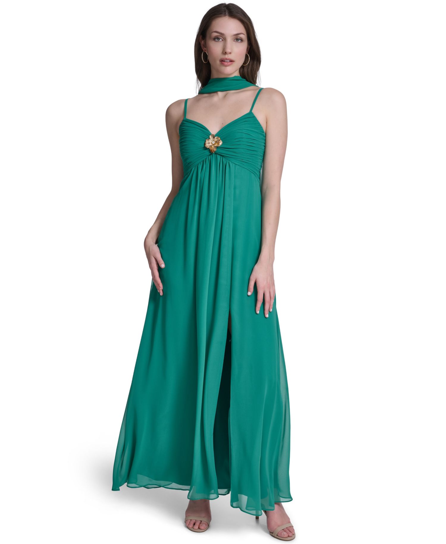 Women's Spaghetti Strap With Skirt Slit And Neck Sash Gown