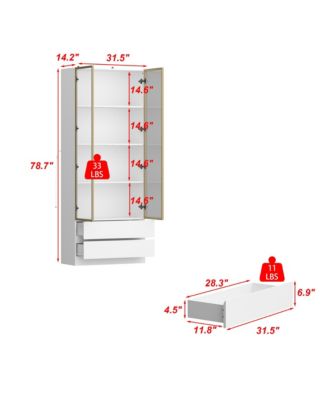 Display Cabinet with 2 Glass Doors and Lights, 4-Tier Storage Shelves and 2 Drawers