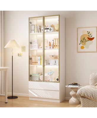 Display Cabinet with 2 Glass Doors and Lights, 4-Tier Storage Shelves and 2 Drawers