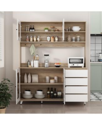 Large Kitchen Hutch Cabinet, Storage Cupboard Pantry with 4 Glass Doors, 4 Drawers and Microwave Shelf, Buffet,Sideboard