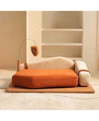 Modern Chenille Pet House Bed with Wood Frame and Hanging Toy for Cats and Dogs