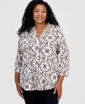 Plus Size Pleated-Neck 3/4-Sleeve Top