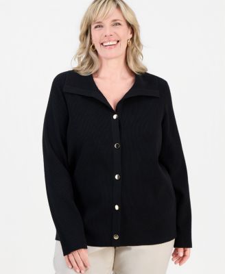 Plus Size Collared Long-Sleeve Cardigan