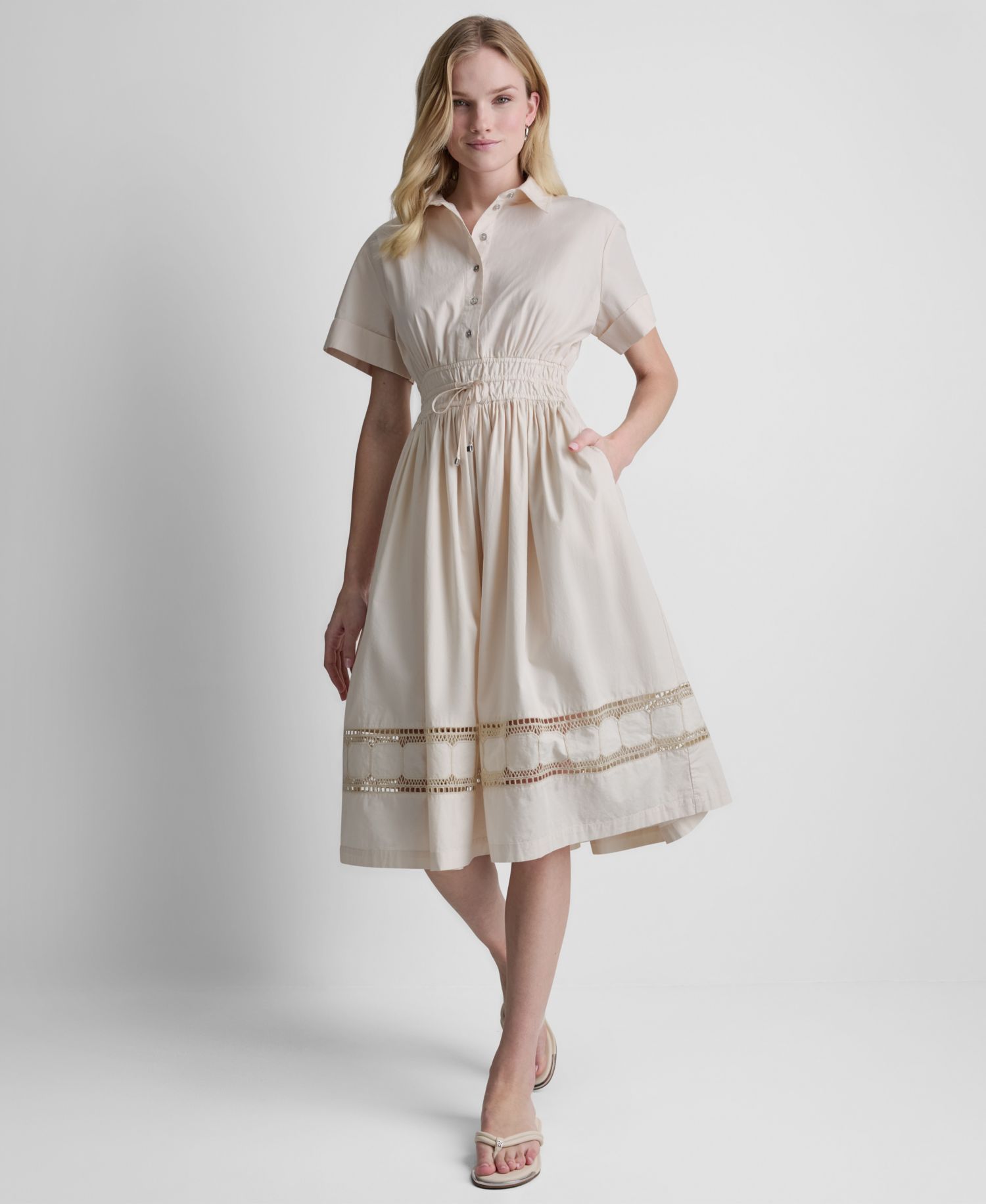 Women's Embroidered Short-Sleeve Cotton Shirt-Dress
