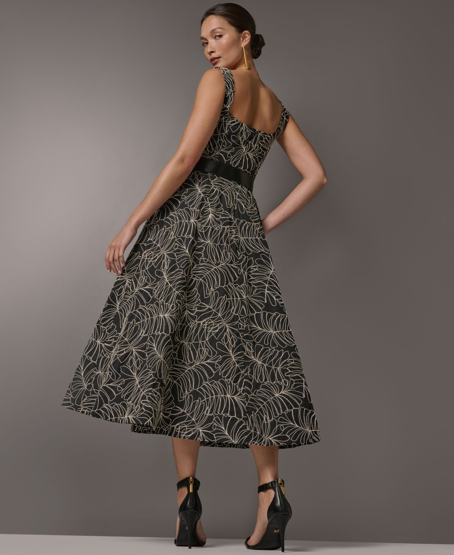 Women's Square Neck A-Line Midi Dress with Polyurethane Belt