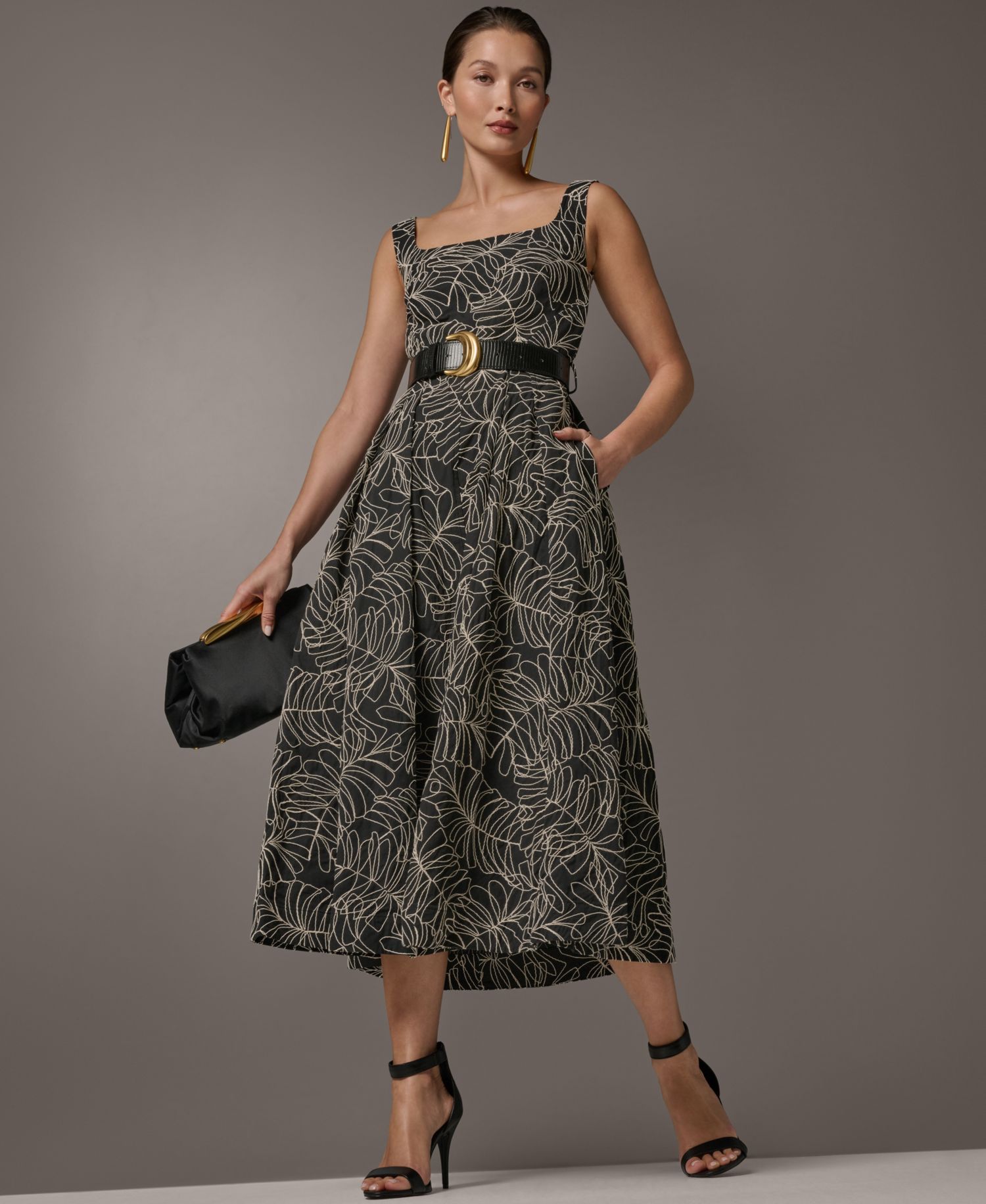 Women's Square Neck A-Line Midi Dress with Polyurethane Belt