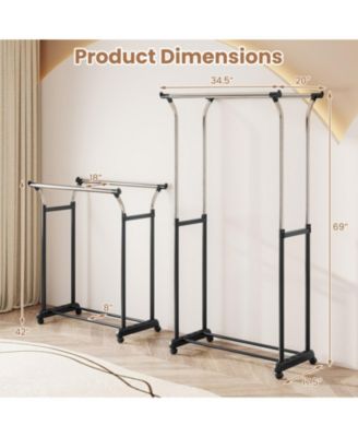 Double Rod Rolling Garment Rack with Adjustable Height from 42 to 69 in
