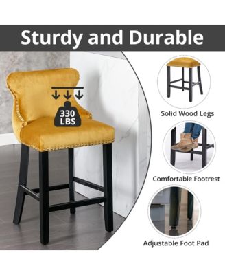 Velvet Wingback Bar Stools Set of 2, Counter Height Chairs with Solid Wood Legs, Button Tufted and Nailhead Trim for Kitchen Island