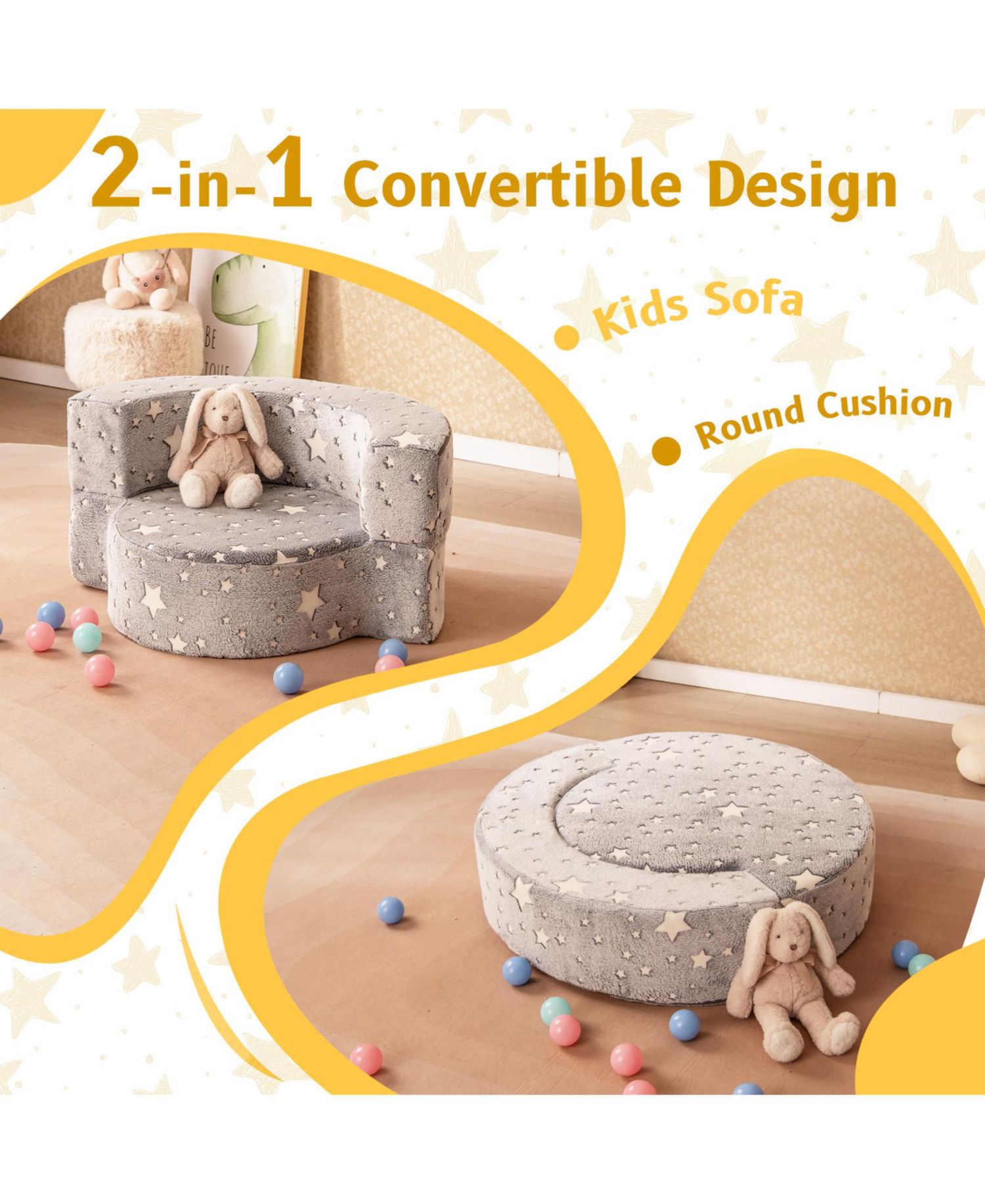 2-in-1 Toddler Convertible Sofa Chair with Glow-in-the-Dark Pattern