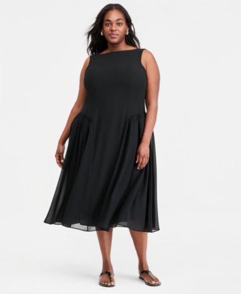 Женское платье On 34th Plus Size Drop-Waist Midi, цвет: Глубокий чёрный