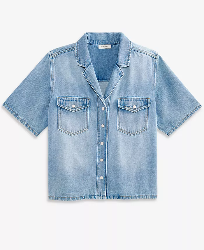 Women's Soft Denim Button-Front Short-Sleeve Shirt - thumbnail 5