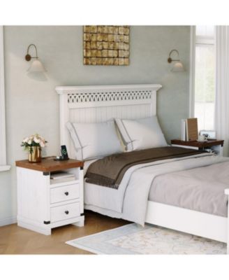 Farmhouse White Nightstand with Charging Station, 2 Drawers, USB Ports & Power Outlets