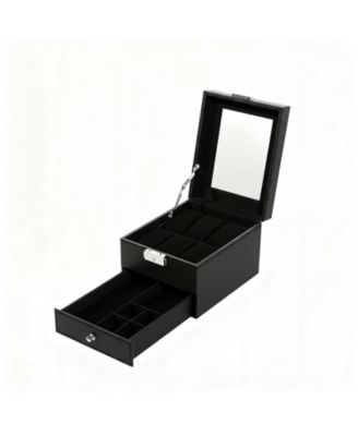 Watch Storage Box PU Leather Glass Lid 2 Layers Soft Pillow Organizer for Watches Jewelry