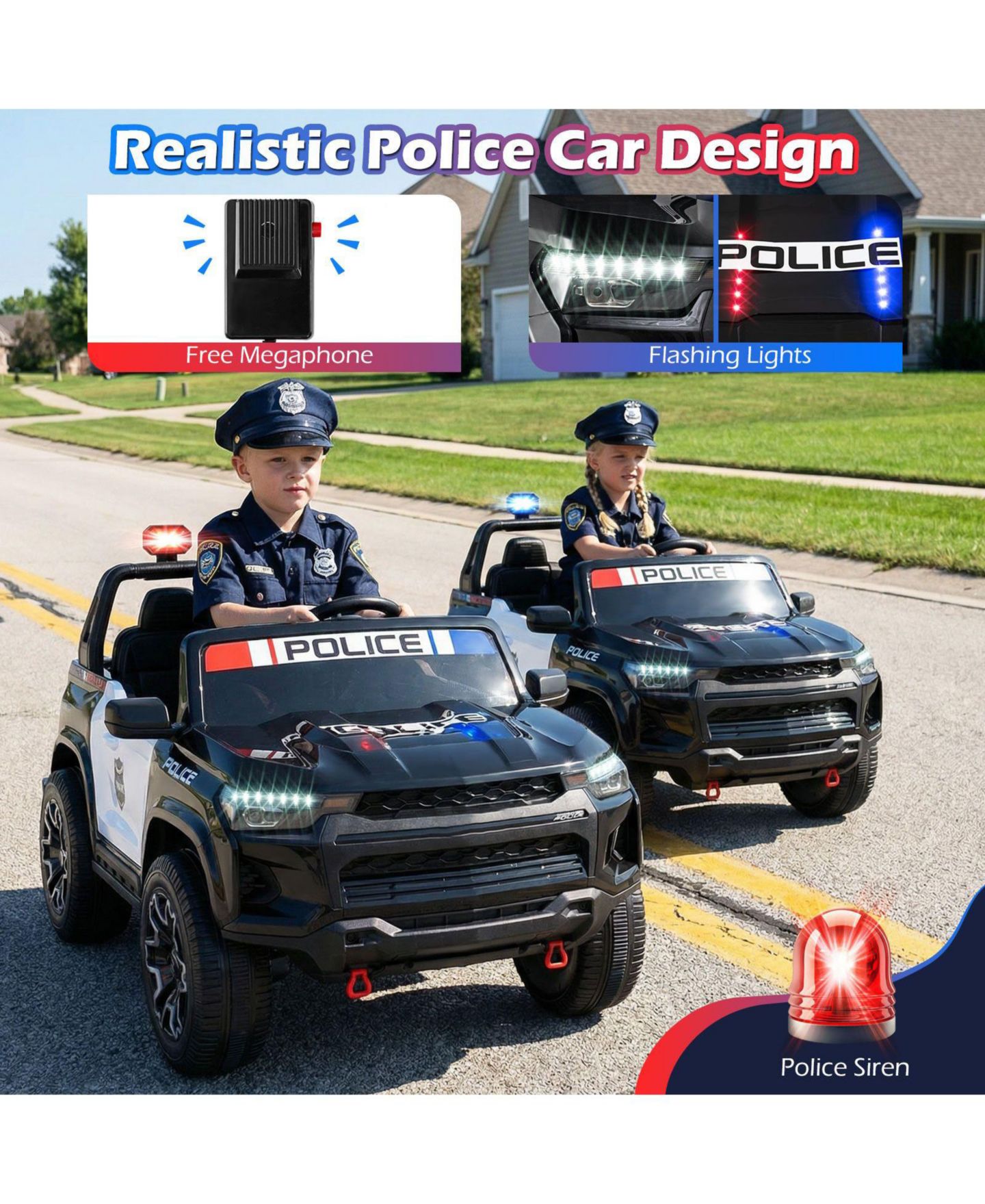 Детская игрушка Slickblue 24V Police 2-Seater 4WD Ride-On Car, Ages 3-8, цвет: Чёрный — фото 8