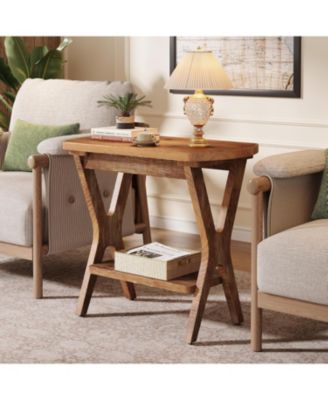 Solid Wood Side Table, 2-Tier End Table with Storage, Farmhouse Nightstand for Small Spaces