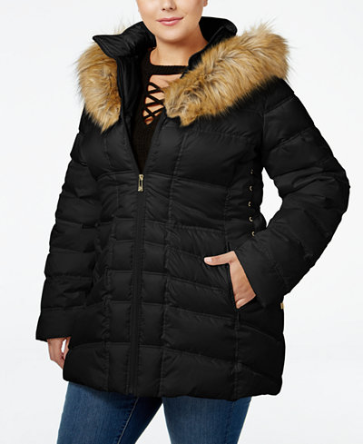 Betsey Johnson Plus Size Faux-Fur-Trim Corset Puffer Coat