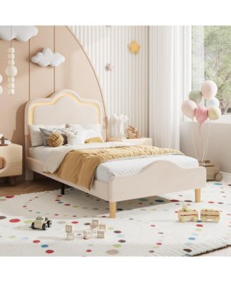 Kids LED Upholstered Bed Frame with Adjustable Headboard & Footboard, Sturdy Wooden Slats, No Box Spring