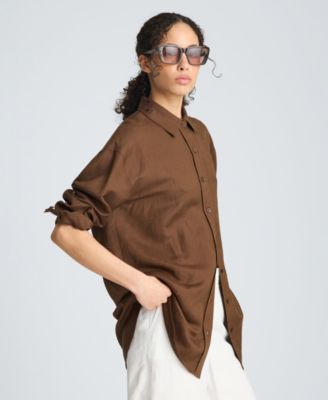 Women's Long-Sleeve Button-Front Linen Blend Top