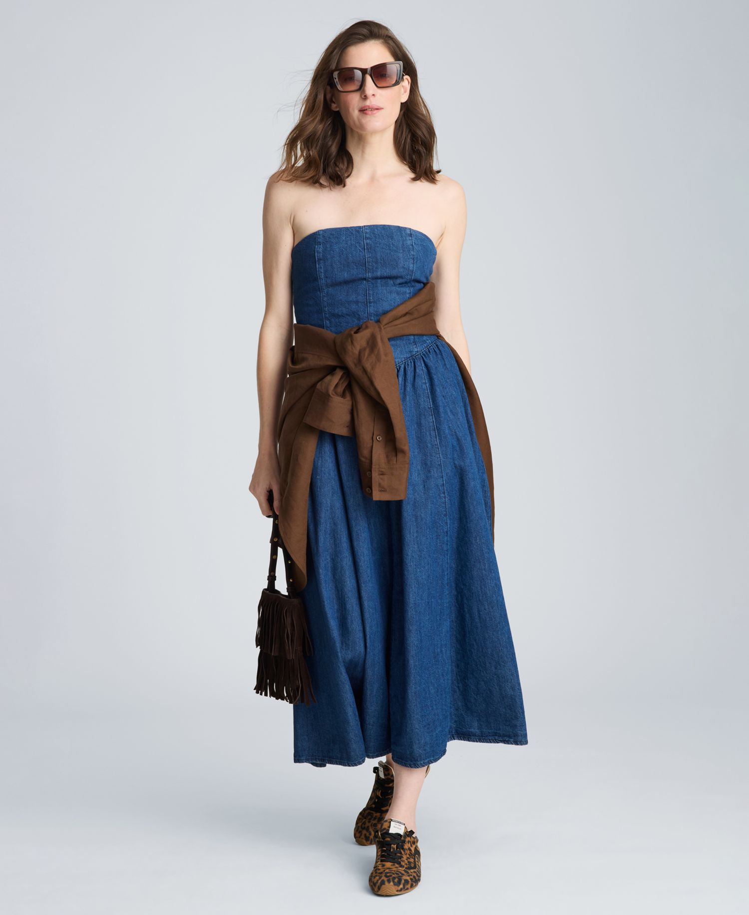 Women's Strapless Bustier Denim Midi Dress