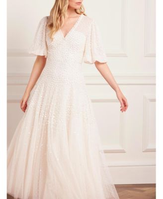 Women's Scallop Sequin V-neck Ankle Gown