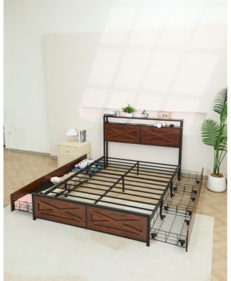 Full Bed Frame with 6 Storage Drawers, Storage Headboard with Charging Statio Bed Frame